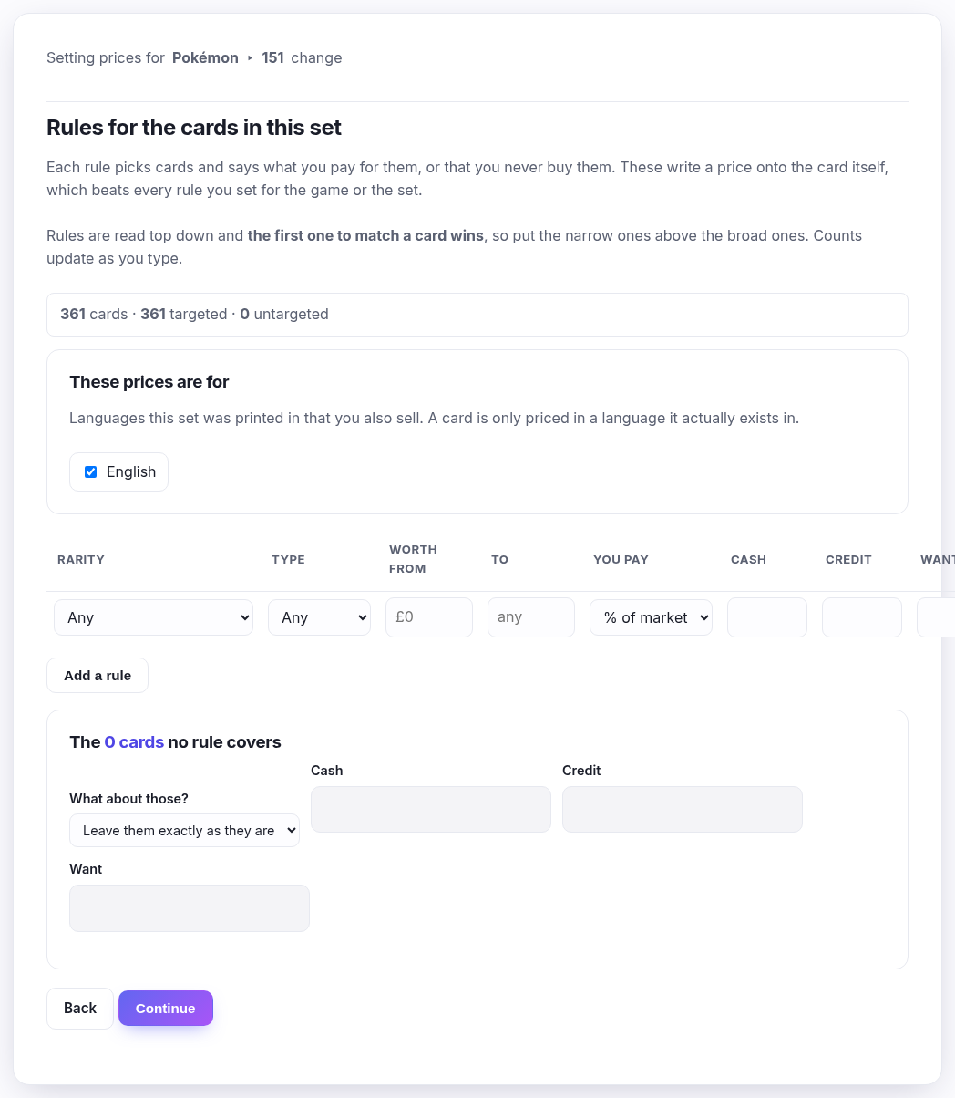 The card rules table with live counts, language checkboxes and the leftovers question
