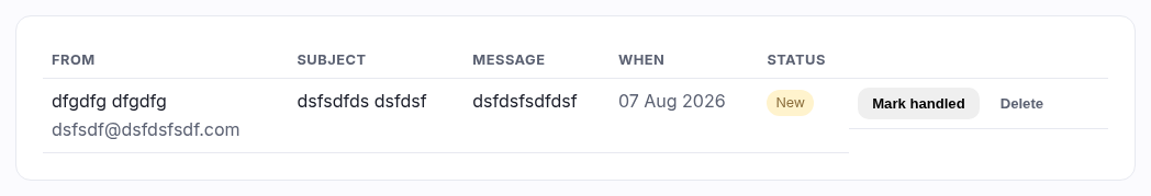 The contact inbox listing sender, subject, message, date and status