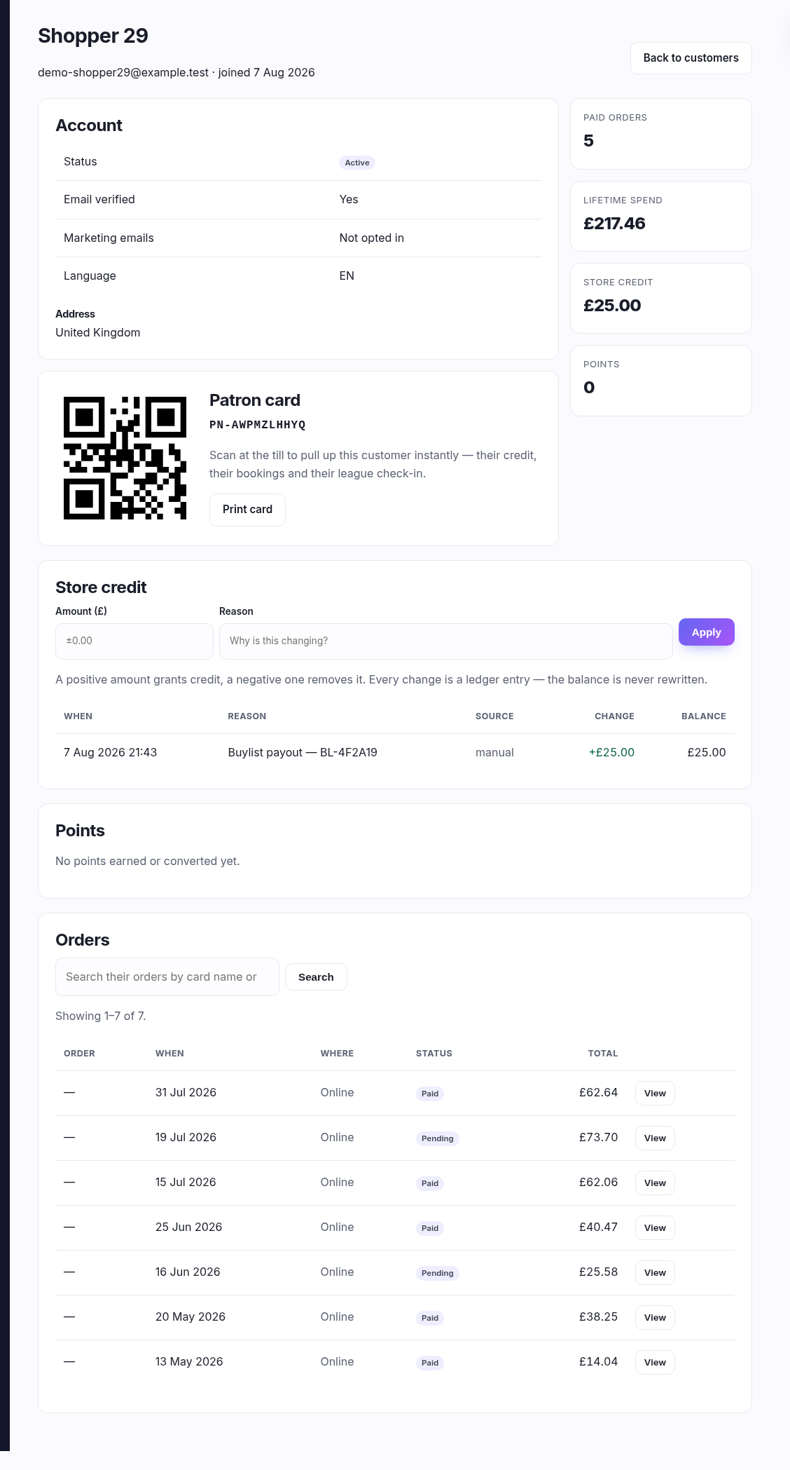 A customer record showing account details, patron card, totals, the credit ledger and their orders