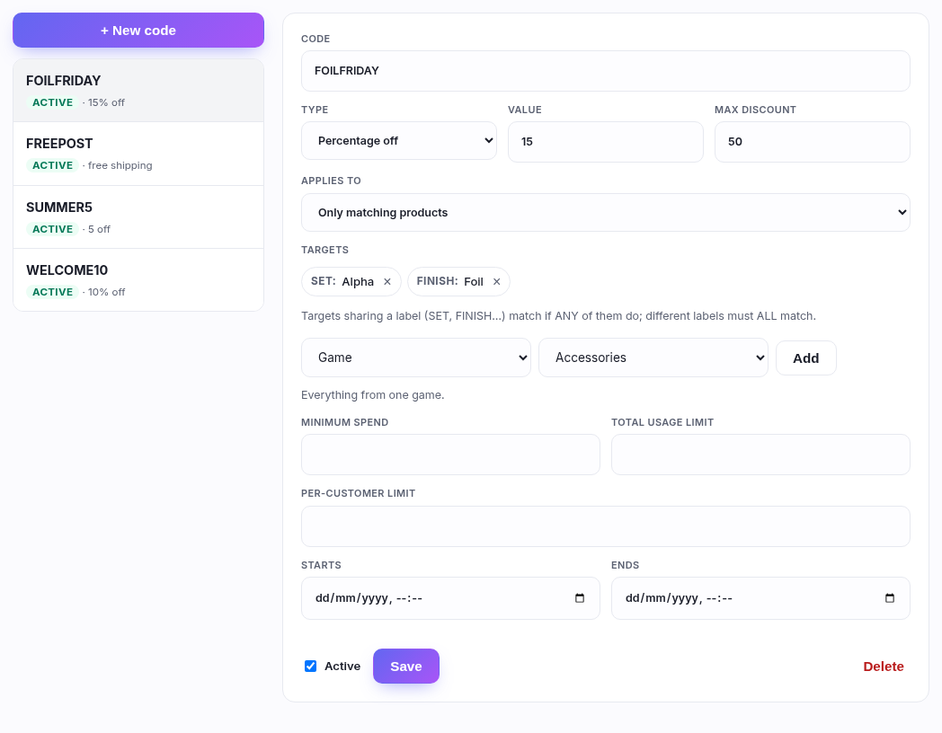 The discounts editor: codes listed on the left, the selected code's settings on the right