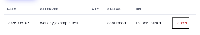 The attendee list for one night showing bookings with references and a cancel action