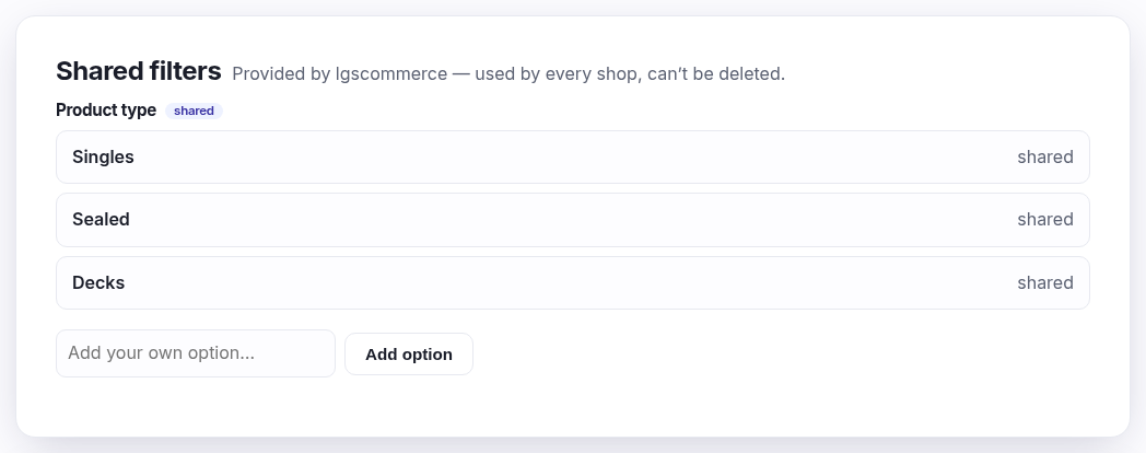 The shared Product type filter group with Singles, Sealed and Decks marked shared