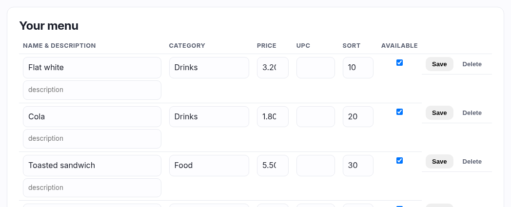 The food menu table with editable rows for each item