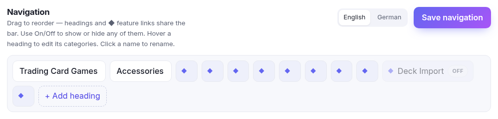 The navigation builder: a bar of headings and feature links, with a panel of categories beneath