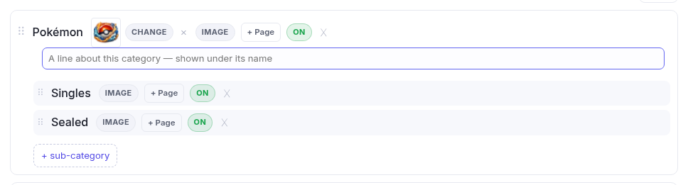 A category row: its name, an Image button, a Page button, an On switch and a delete cross
