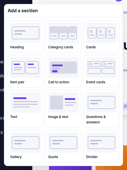 The Add a section menu: a grid of block types with thumbnail sketches