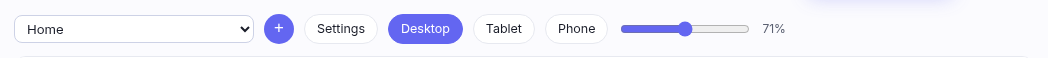 The page editor bar: page dropdown, plus button, Settings, Desktop, Tablet, Phone and a zoom slider