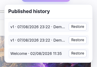 The published history popover listing a named version with a Restore button