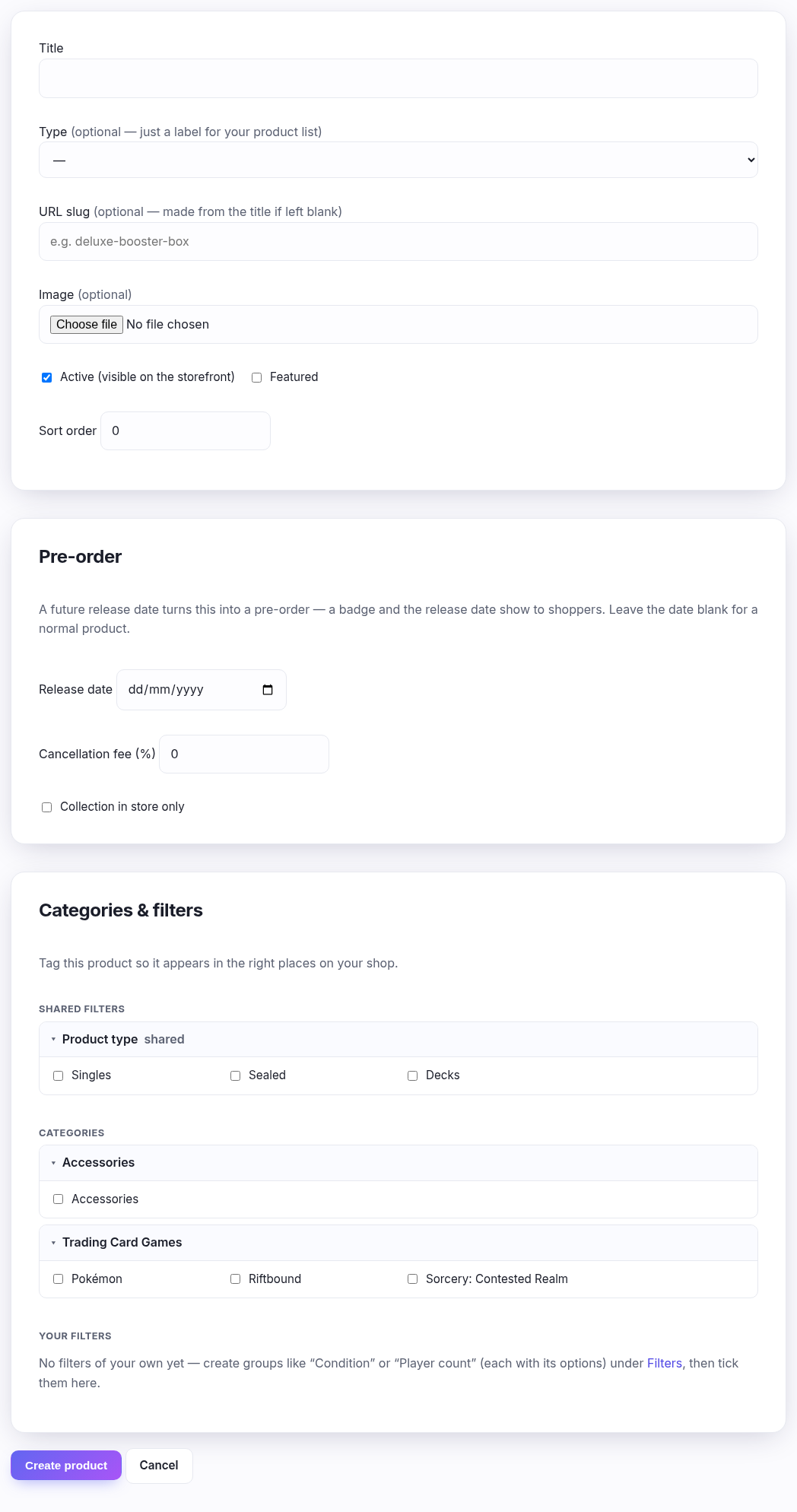 The create-product form: title, type, URL slug, image, active and featured, sort order and the filter picker